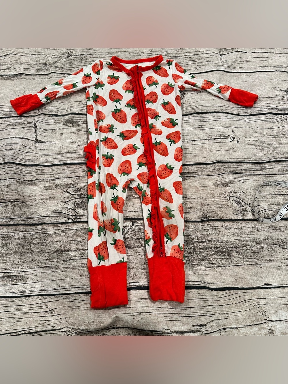 Dream Halo Strawberry-Print Red Trim Girls’ Bamboo One-Piece Size 6-12 Months